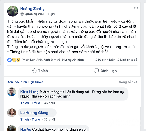 Tìm ra người lên Facebook tung tin phát hiện 2 thi thể dạt gần bờ Sông Lam 