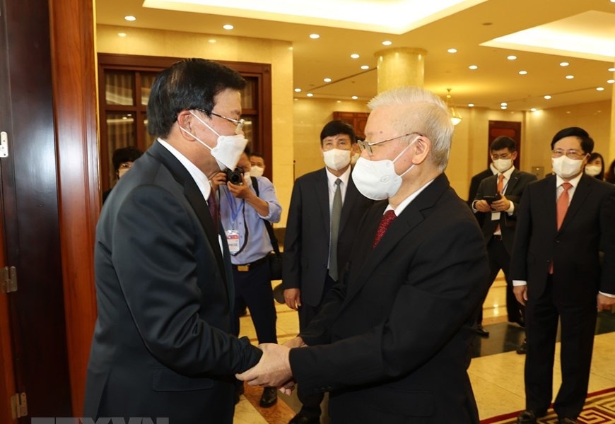 Hình ảnh Tổng Bí thư Nguyễn Phú Trọng đón, hội đàm với Tổng Bí thư, Chủ tịch nước Lào 