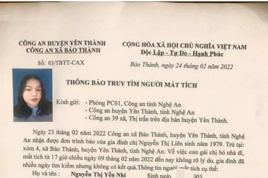 Truy tìm nữ sinh ở Nghệ An mất tích nhiều ngày