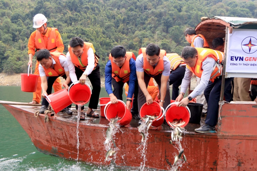 Công ty Thuỷ điện Bản Vẽ tổ chức lễ bàn giao nhà Đại đoàn kết, trồng cây và thả cá giống đầu năm