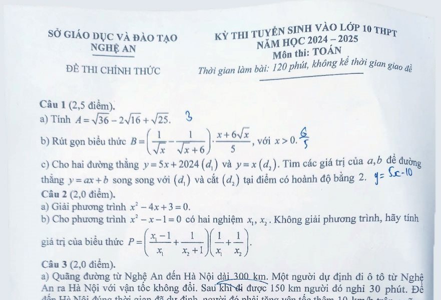 Đề thi môn Toán lớp 10 năm học 2024-2025 của tỉnh Nghệ An