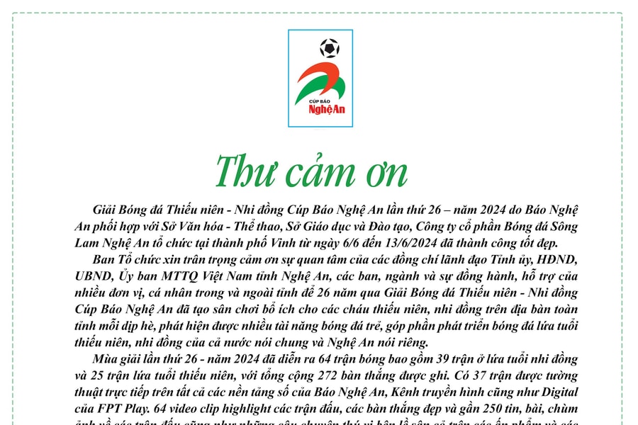 Thư cảm ơn từ Ban Tổ chức Giải Bóng đá Thiếu niên - Nhi đồng Cúp Báo Nghệ An lần thứ 26 năm 2024