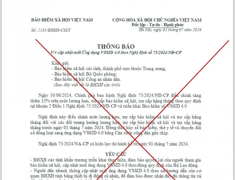 Cảnh báo việc giả mạo văn bản của BHXH Việt Nam yêu cầu cập nhật mới ứng dụng VSSID