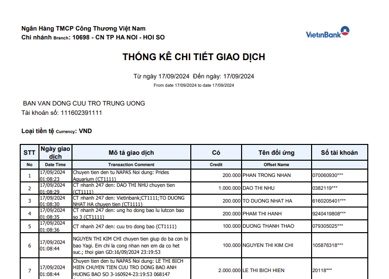 Link tải sao kê của MTTQ Việt Nam ngân hàng Vietinbank CT1111 ngày 16/9 và 17/9/2024