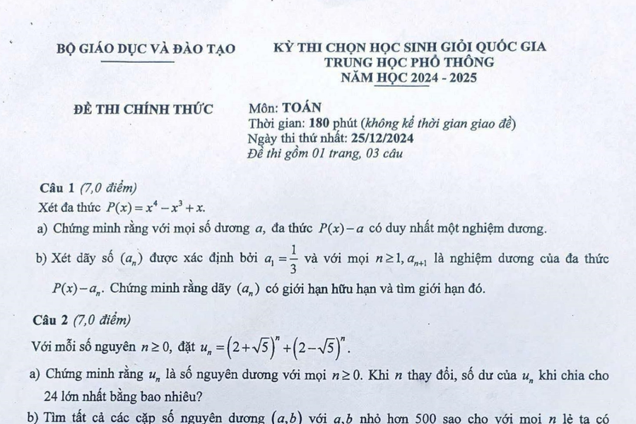 Đề thi Toán học sinh giỏi quốc gia 2024-2025