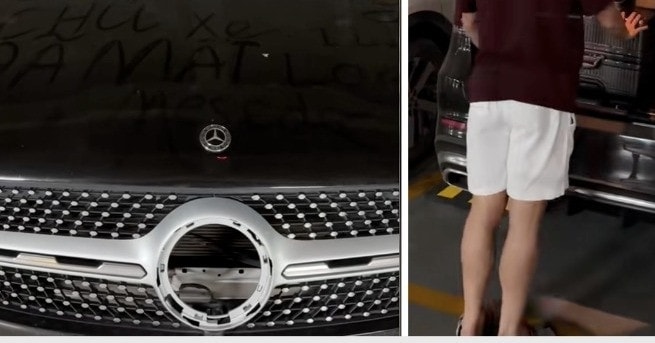 Xe Mercedes GLC 300 của Quang Hải bị mất logo, kẻ gian để lại lời 'chúc mừng'