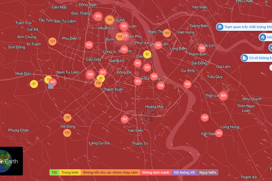 Chỉ số bụi mịn hôm nay 18/4/2025 tại Hà Nội
