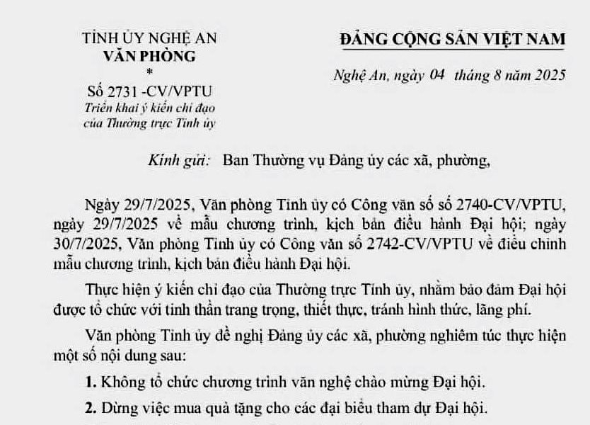 Không tổ chức chương trình văn nghệ chào mừng, không mua quà tặng tại Đại hội Đảng cấp xã, phường ở Nghệ An