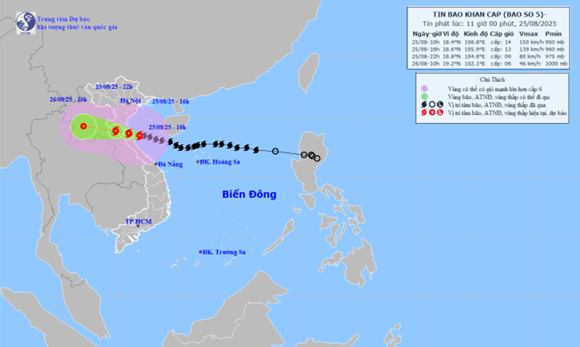 TIN BÃO SỐ 5 (lúc 11h ngày 25/8): Cách Nghệ An khoảng 120km về phía Đông Đông Nam, gió giật cấp 17