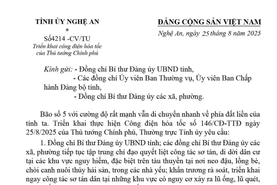 HỎA TỐC: Tỉnh ủy Nghệ An yêu cầu sơ tán dân quyết liệt, hạn chế lưu thông để ứng phó bão số 5