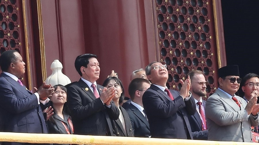 Hình ảnh Chủ tịch nước Việt Nam dự lễ kỷ niệm 80 năm Chiến thắng phát xít tại Trung Quốc