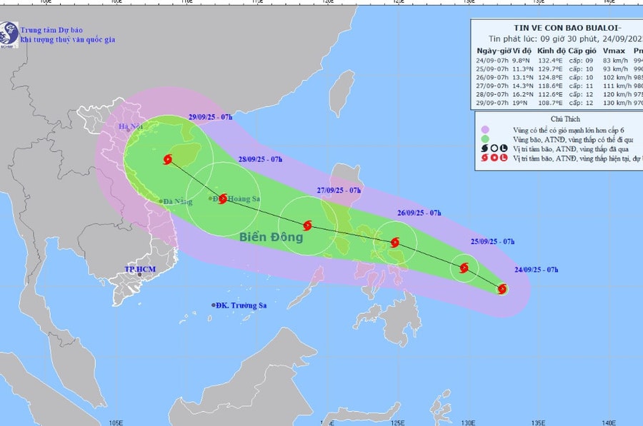 Bão Bualoi tiến vào Biển Đông, khả năng ảnh hưởng lớn đến đất liền Việt Nam
