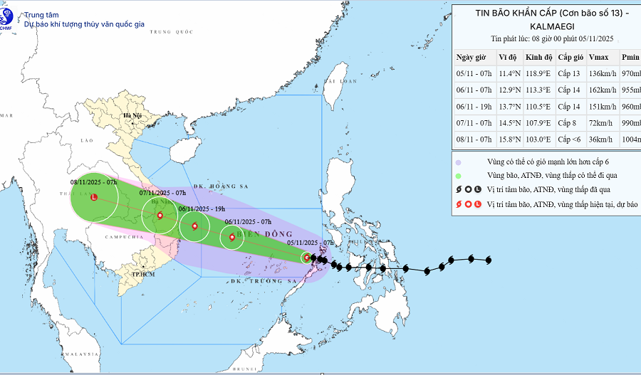 TIN BÃO KHẨN CẤP (Cơn bão số 13) đã đi vào vùng biển phía Đông khu vực giữa Biển Đông