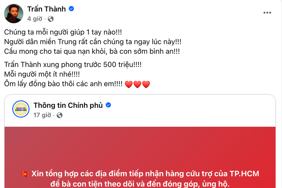 Trấn Thành, HIEUTHUHAI ủng hộ hàng trăm triệu cho miền Trung