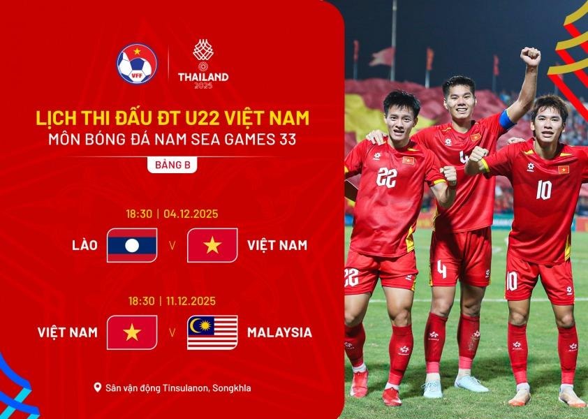 Lịch bóng đá nam SEA Games 33: U22 Việt Nam ra quân 4/12