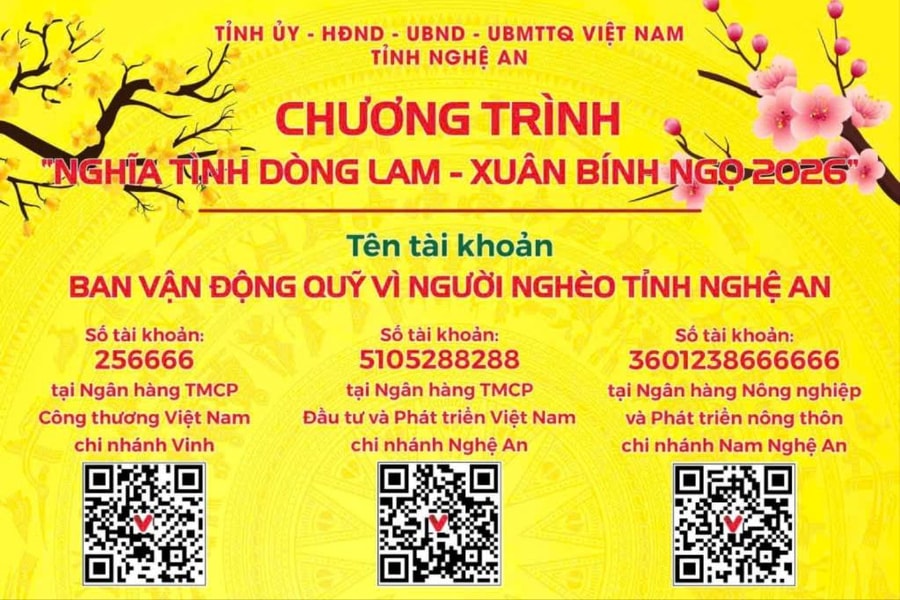 Ban vận động Quỹ vì người nghèo tỉnh Nghệ An công bố số tài khoản ủng hộ, giúp đỡ người nghèo, người có hoàn cảnh khó khăn, người yếu thế đón Tết Bính Ngọ 2026