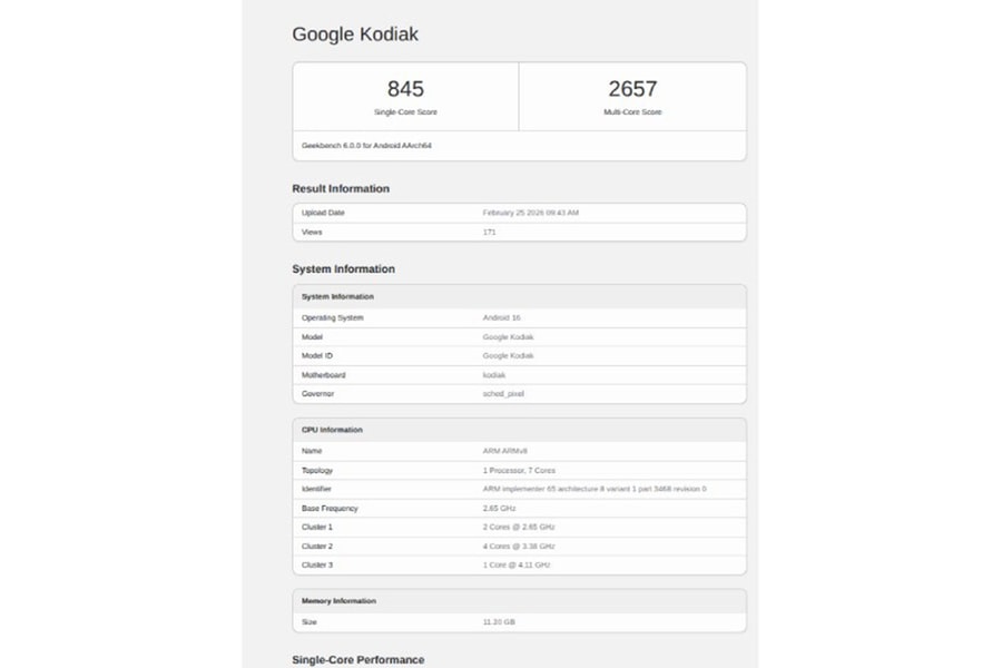 Lộ diện Google Pixel 11 với chip Tensor G6 cấu trúc 7 nhân lạ lẫm trên Geekbench