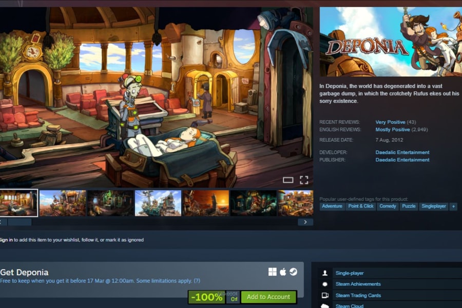 Steam tặng miễn phí Deponia: Cơ hội sở hữu game phiêu lưu giải đố cực hay với 77% đánh giá tích cực