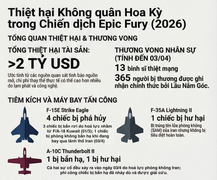 Không quân Mỹ tổn thất hơn 2 tỷ USD phương tiện bay trong chiến dịch Epic Fury