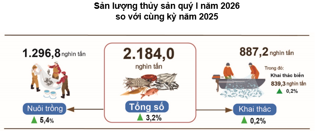 Sản lượng thủy sản Quý I/2026 đạt 2,18 triệu tấn, xuất khẩu tăng trưởng 13,3%