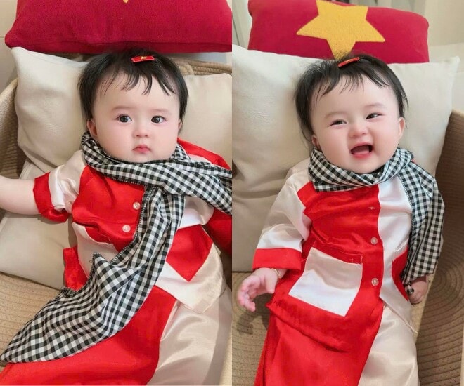 Vẻ đáng yêu của con gái Hoa hậu Phương Lê và NSƯT Vũ Luân trong trang phục cô giao liên nhí