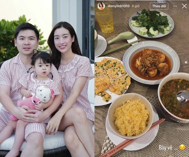 Hoa hậu Đỗ Mỹ Linh khoe mâm cơm gia đình giản dị và lộ diện với bụng bầu