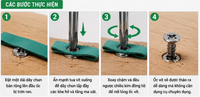 Mẹo tháo vít bị trờn ren cực nhanh bằng dây chun không cần dụng cụ chuyên dụng