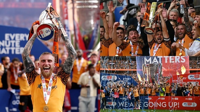 Hull City trở lại Ngoại hạng Anh sau bàn thắng kịch tính phút 90+5 tại Wembley