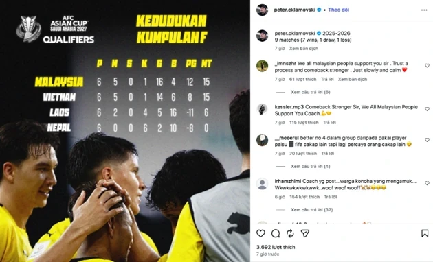 HLV Malaysia gây tranh cãi khi đăng bảng xếp hạng ảo đòi vé Asian Cup 2027 của Việt Nam