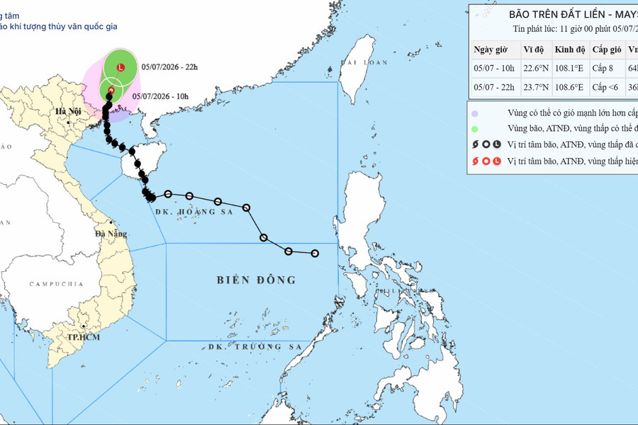 Hồi 10 giờ ngày 5/7: vị trí tâm bão số 1 cách Móng Cái (Quảng Ninh) 120km về phía Bắc Đông Bắc
