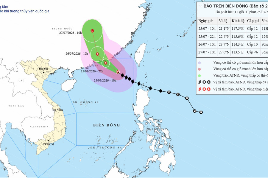 Dự báo diễn biến Bão số 2 trên Biển Đông ngày 25/07/2026: Gió giật cấp 15, sóng cao 7m