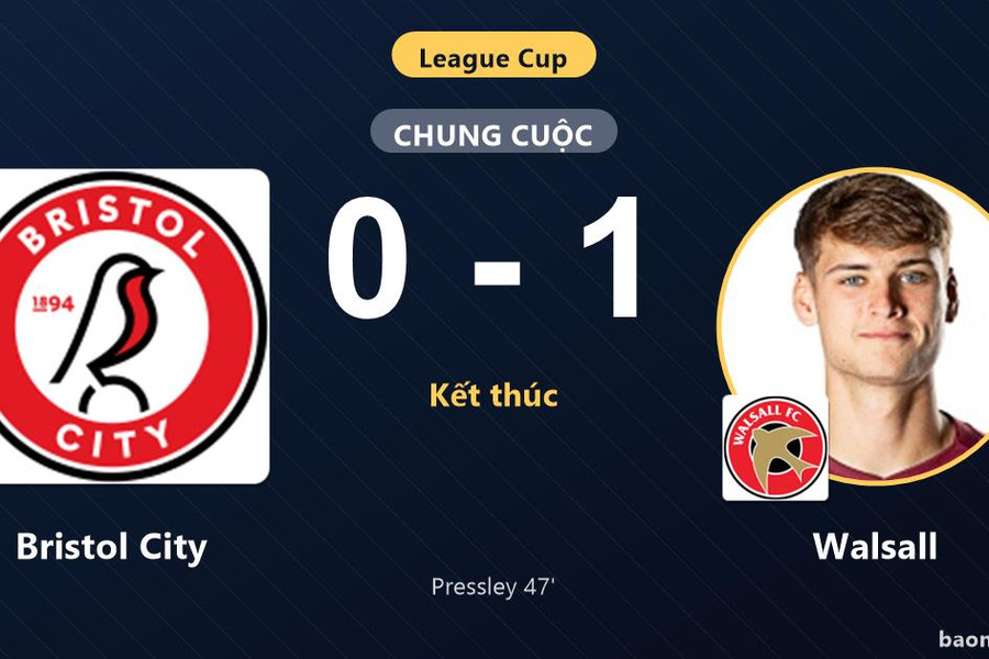 Pressley giúp Walsall đánh bại Bristol City ở League Cup