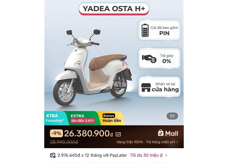 Xe máy điện Yadea Osta P và Osta H+ giảm tới 2,6 triệu đồng với phạm vi di chuyển 181 km