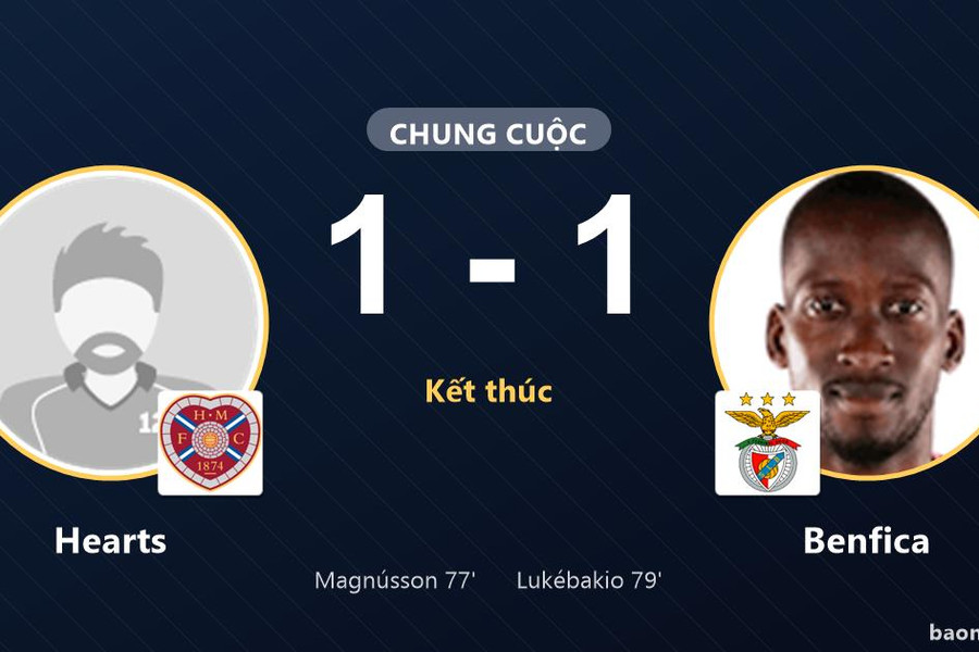 Hearts và Benfica chia điểm sau hai bàn thắng dồn dập tại Tynecastle Park