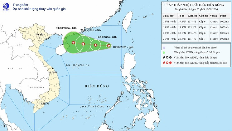 Tin áp thấp nhiệt đới trên khu vực Bắc Biển Đông ngày 18/08/2026, cảnh báo giật cấp 8