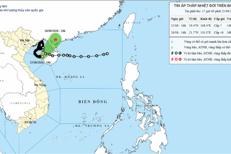 Cảnh báo áp thấp nhiệt đới trên Vịnh Bắc Bộ ngày 26/08/2026: Biển động, gió giật cấp 9