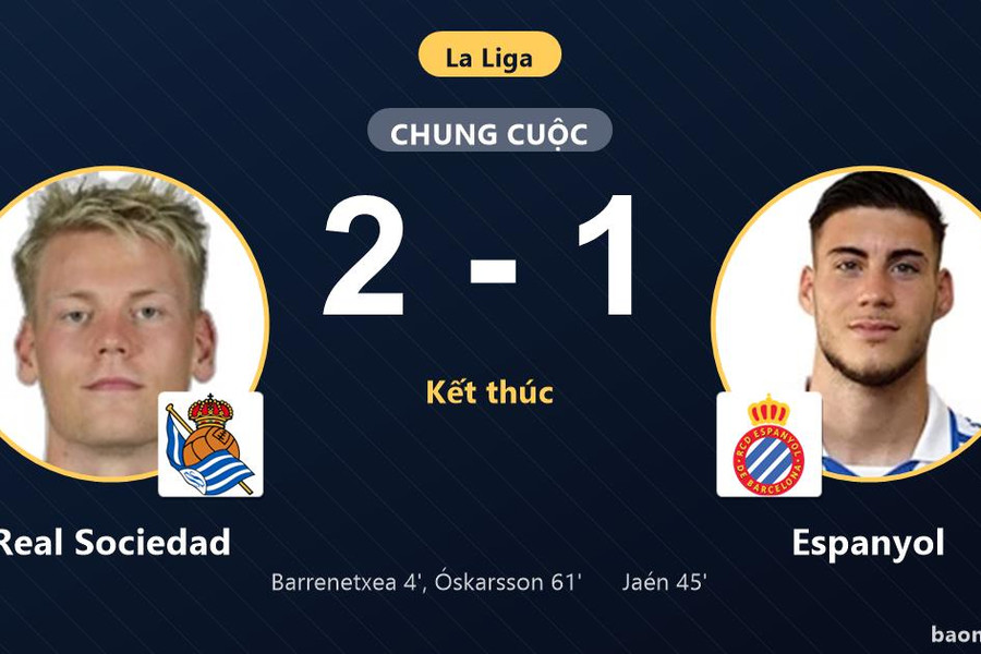 Hạ Espanyol 2-1, Real Sociedad giải tỏa áp lực trên sân Anoeta