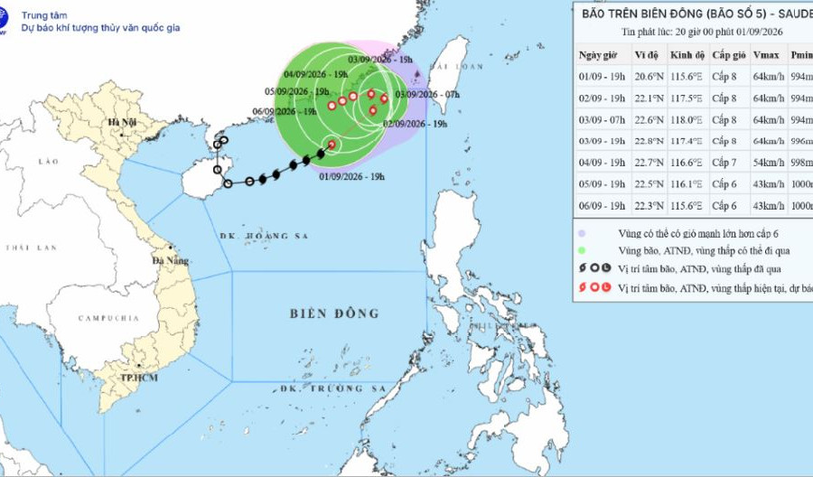 Bản tin bão số 5 trên vùng biển Bắc Biển Đông ngày 01/09/2026: Gió giật cấp 10, sóng cao