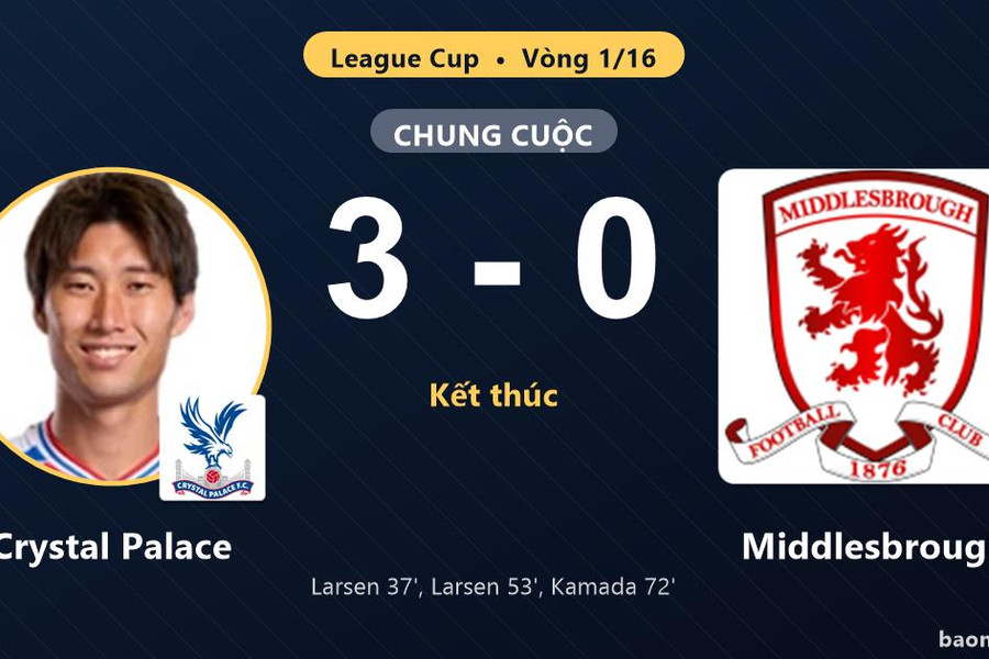 Crystal Palace vào vòng 1/8 League Cup, Middlesbrough dừng bước sau thất bại 0-3
