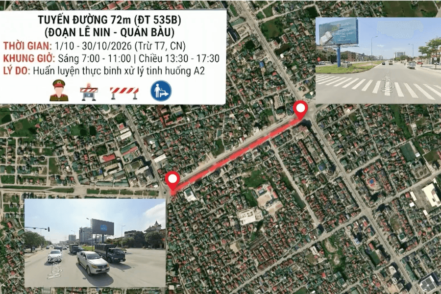 Lộ trình di chuyển khi cấm đường 72m để phục vụ huấn luyện thực binh